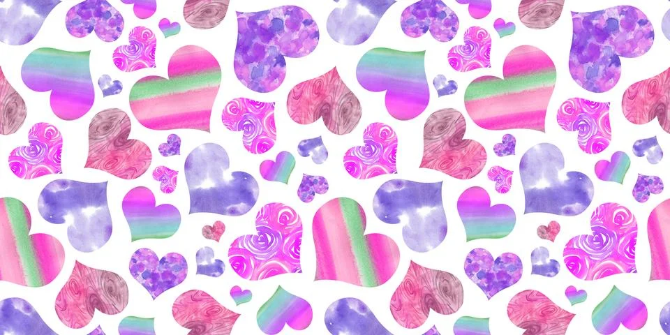 Seamless Pattern of colored Hearts painted in watercolor on a white Background Illustrazione stock