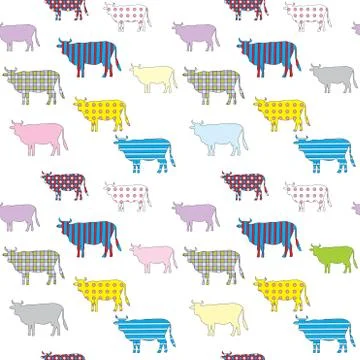 Seamless pattern with the colored image of silhouettes of cows with geometric Stock Illustration