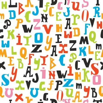 Seamless pattern with colored letters on white background. Hand drawn alpha.. Stock Illustration