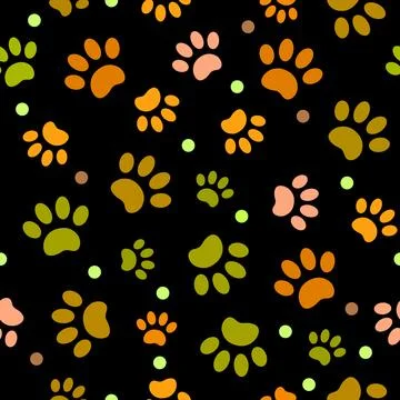 Seamless pattern with colored paws on black background Stock Illustration