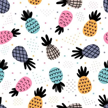 Seamless pattern with colored pineapples. Cute summer background with tropi.. 스톡 일러스트