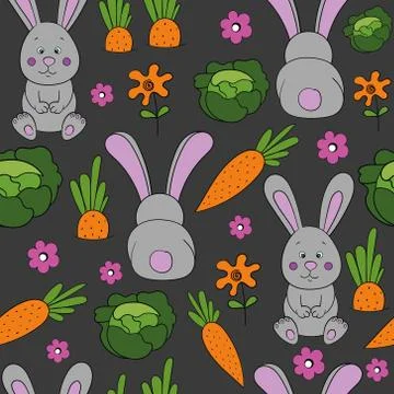 Seamless pattern with colored rabbits, flowers, carrots and cabbage on a gray Stock Illustration