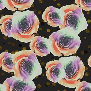 Seamless pattern with colored roses on a black background with gold dots Illustrazione stock