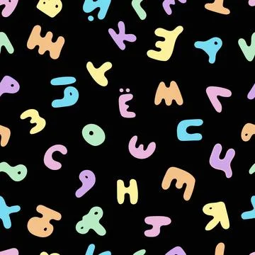 Seamless Pattern With Colored Russian Hand-Drawn Letters on Black Bacground. Stockillustratie