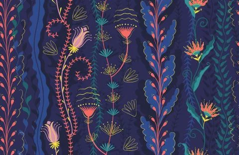 Seamless pattern, colored seaweed and flowers. Deep water algae coral pink, blue Stock Illustration