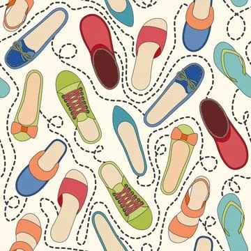 Seamless pattern with colored shoes and dashed lines. Find a pair イラスト素材