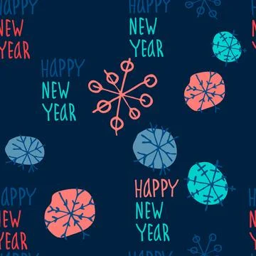 Seamless pattern with colored snowflakes and Happy New Year hand lettering Stock Illustration