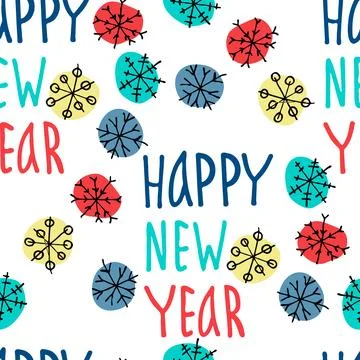 Seamless pattern with colored snowflakes and Happy New Year hand lettering Stock Illustration