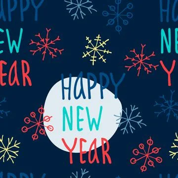 Seamless pattern with colored snowflakes and Happy New Year hand lettering Stock-Illustration