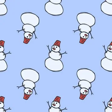 Seamless pattern of colored snowmen with a red bucket on a blue background... Stock Illustration