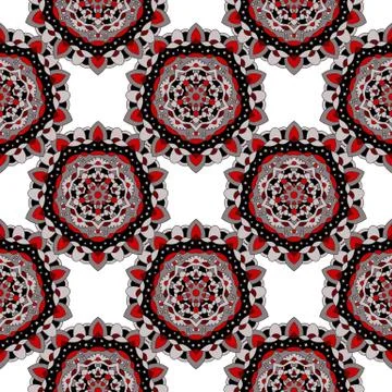 Seamless pattern of colored symmetrical circular mandalas. Stock Illustration
