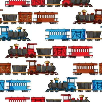 Seamless pattern with colored trains and railroad paths Illustrazione stock