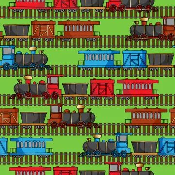 Seamless pattern with colored trains and railroad paths Illustrazione stock