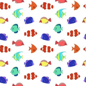 Seamless pattern colored tropical Fish on white background, ornamental graphi Stock Illustration