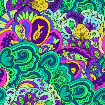 Seamless pattern with colorful abstract and floral elements. Stock Illustration