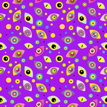 Seamless pattern with colorful abstract eyes, dots on purple background Stock-Illustration