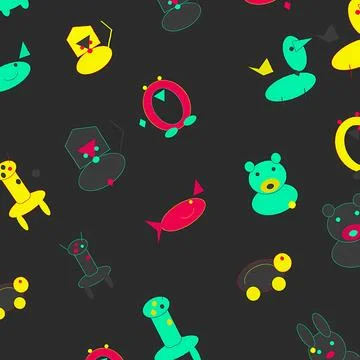 Seamless Pattern of Colorful Abstract Geometric Animal Characters on Dark Illustrazione stock