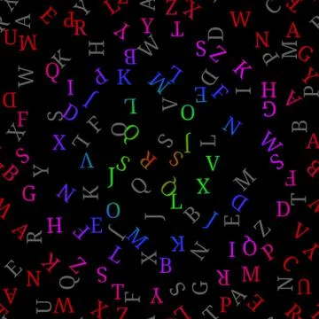 Seamless pattern with colorful alphabet, , isolated on black background. Vect Stock Illustration