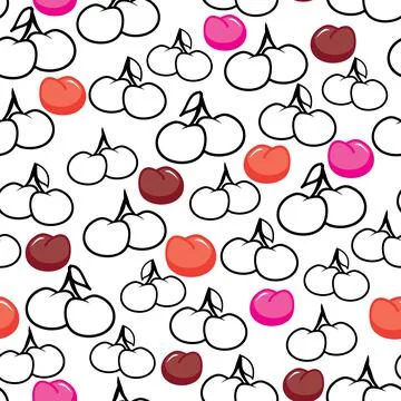 Seamless pattern with colorful and outlined cherries illustration Stock Illustration