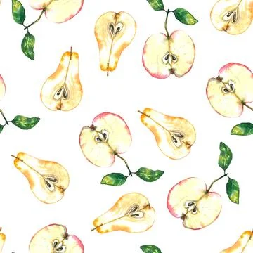 Seamless pattern of colorful apples and pears. Summer print with hand drawn.. Stock Illustration