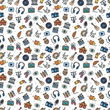 Seamless pattern with colorful art objects on white background. Hand drawn style Stock Illustration