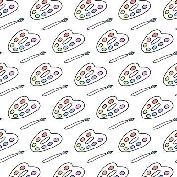Seamless pattern of colorful artist palettes and brushes on white background. Stock Illustration