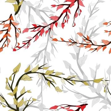 Seamless pattern on colorful backdrop. Line art branches with autumn leaves f Stock Illustration