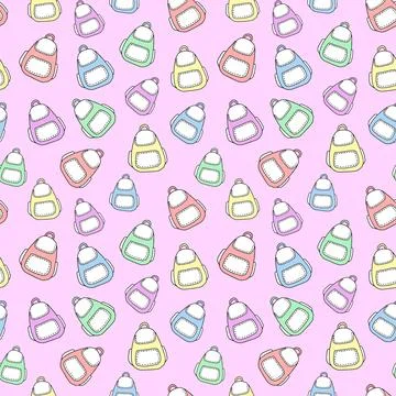 Seamless pattern with colorful backpacks isolated on pink background. Concept Illustrazione stock