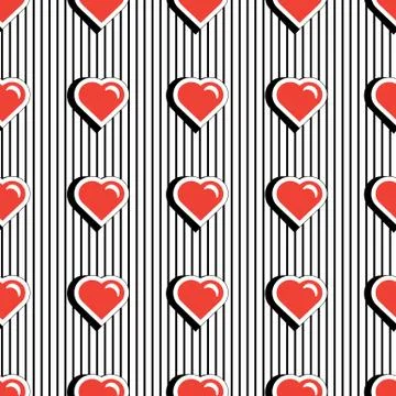 Seamless pattern with colorful badge shape hearts on black striped background Stock Illustration