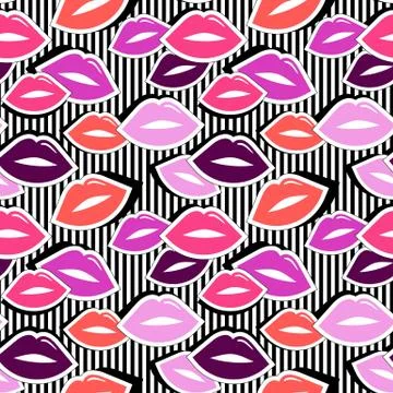 Seamless pattern with colorful badge shape lips on black striped background.  Stock Illustration