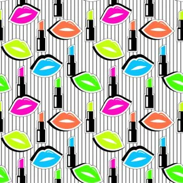 Seamless pattern with colorful badge shape lips and lipstick on black striped Stock Illustration