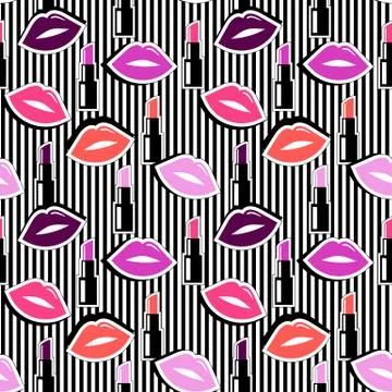 Seamless pattern with colorful badge shape lips and lipstick on black striped Stock Illustration
