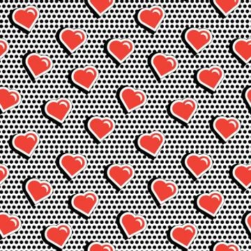Seamless pattern with colorful badge shape hearts on black dotty background.  Stock Illustration