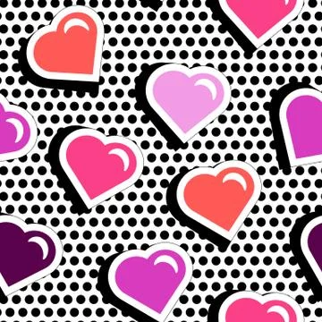 Seamless pattern with colorful badge shape hearts on black dotty background.  Stock Illustration