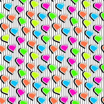Seamless pattern with colorful badge shape hearts on black striped background Stock Illustration