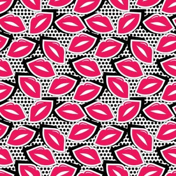 Seamless pattern with colorful badge shape lips on black dotty background. Ve Stock Illustration