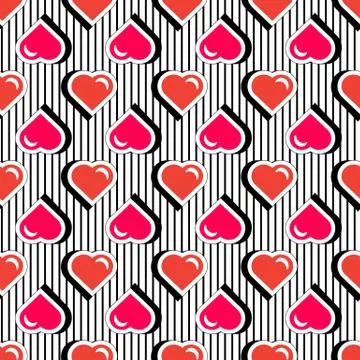 Seamless pattern with colorful badge shape hearts on black striped background Stock Illustration
