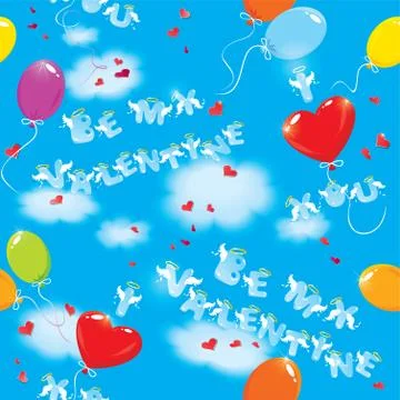 Seamless pattern with colorful balloons and texts be my valentine, i love you Stock Illustration
