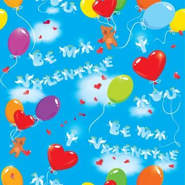 Seamless pattern with colorful balloons, teddy bears and texts be my valentin Stock Illustration