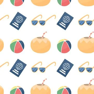 Seamless pattern with colorful beach elements: sunglasses, balls, coconut and Stock Illustration