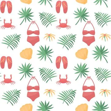 Seamless pattern with colorful beach elements: swimsuit, tropical leaves, cra Stock Illustration