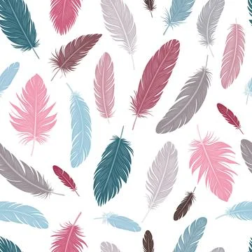 Seamless pattern with colorful bird feathers. Pastel colors. Tenderness and.. Stock Illustration