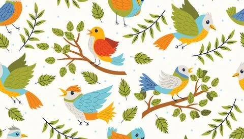 Seamless pattern with colorful birds flying and sitting on branches in flat.. Stock Illustration