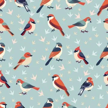 Seamless pattern of colorful birds on light blue background with scattered .. Stock Illustration
