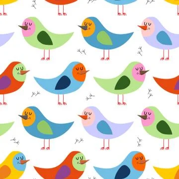 Seamless pattern of colorful birds. Vector background for fun childrens fabri Illustrazione stock