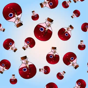 Seamless pattern with colorful bottles with magic potion. Stock Illustration