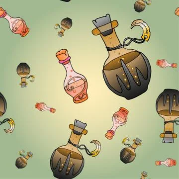 Seamless pattern with colorful bottles with magic potion. Stock Illustration