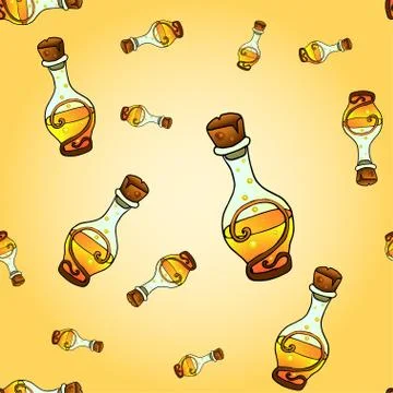 Seamless pattern with colorful bottles with magic potion. Stock Illustration