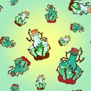 Seamless pattern with colorful bottles with magic potion. Stock Illustration