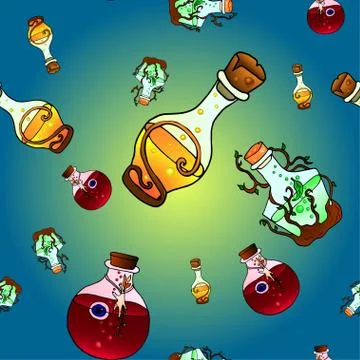 Seamless pattern with colorful bottles with magic potion. Stock Illustration